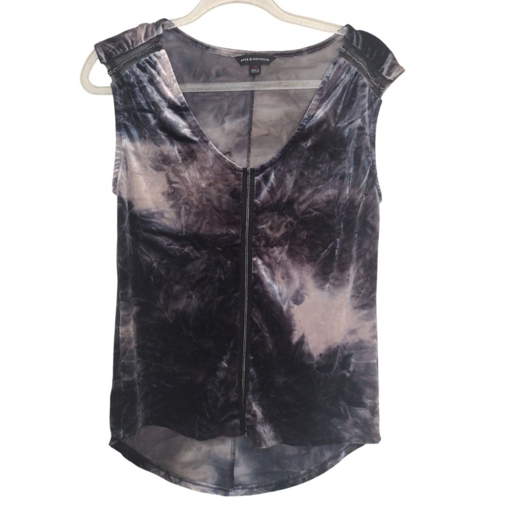 Rock & Republic Blouse Woman XS Gray Black Tie Dye Velvet Mesh Metallic Disco